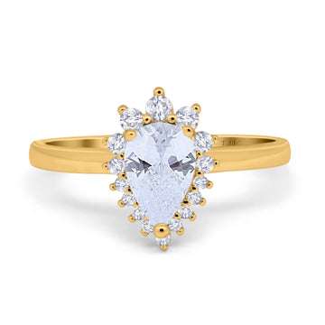 14K Yellow Gold Teardrop Engagement Ring Round Simulated Cubic Zirconia Size-7